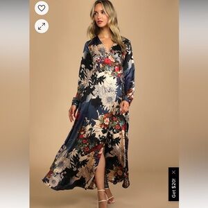 Put on a Smile Blue Floral Print Satin Wrap Maxi Dress Lulus